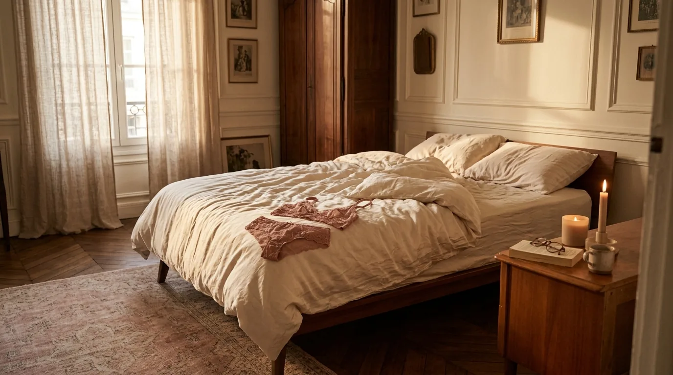 Boudoir cosy de Naje à Lyon, ambiance beurette au tel — lit défait, lingerie rose poudré, lumière chaude tamisée